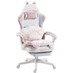 【美品】Dowinx 猫耳デザイン ゲーミングチェア ピンクブルー オットマン