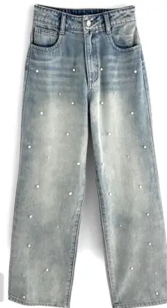 パール装飾付きライトブルーデニムパンツ※チャック壊れていますリメイク用の生地向け