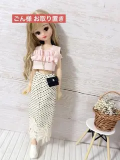 再販♡22cm‪ドール服 レース切り替えワンピース×お花ツイードバッグ‬