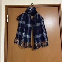 【最終価格】ネイビー チェック柄 マフラー フリンジ付き