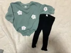 ミントグリーン花刺繍ロンパースとレギンスセット　70.80