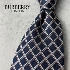 美品 BURBERRY LONDON ジャガード 格子柄 ネクタイ ネイビー 紺
