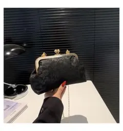 パーティーバッグ　クラッチ　ハンド　ショルダー　がま口　花柄　結婚式　着物　黒