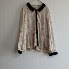 美品　OPAQUE. CLIP ベージュ・黒ドット柄襟付きブラウス L 訳あり