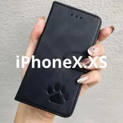 iPhoneX.XS 手帳型ケース　レザー　黒　ブラック　肉球　犬　猫　足あと