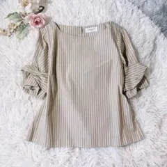美品♡OPAQUE.CLIP ベージュ ストライプ パフスリーブ S ブラウス