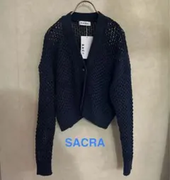 新品未使用・SACRAネイビーメッシュVネックカーディガン