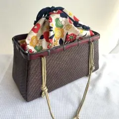 和装用バッグ 茶色 花柄巾着付き