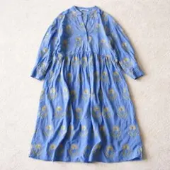 美品 ZARA ザラ 花柄 刺繍 ロングワンピース コットン ライトブルー XS