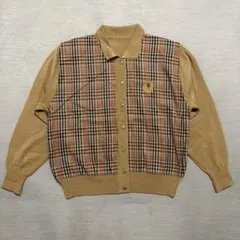 チェック柄 襟付き ニットカーディガン 刺繍 ベージュ