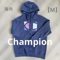 Champion ネイビー フード付きパーカー 【M】海外 古着プリント USA