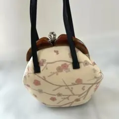 花柄がま口バッグ　革紐　レザー　ミラー付き