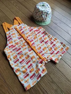 車柄★帽子＆ロンパースセット★男の子★服80cm ★オーバーオール★帽子44cm