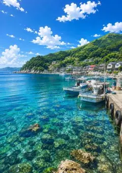 【イラスト】漁港と夏の海辺の風景 アートポスター