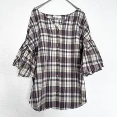 新品✨チェック柄 フリルチュニック ブラウス コットン シャツ (XL)大きい