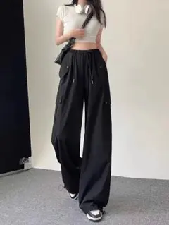 カーゴパンツ レディース ブラック ワイドパンツ ボトムス 長ズボン ダンス