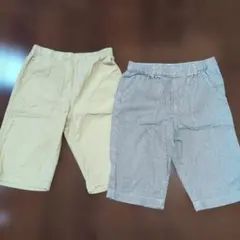 GUキッズベージュ・UNIQLOキッズストライプ ハーフパンツ キッズXL