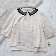美品✨エフデ レース襟風 シフォンブラウス 9号 M アイボリー 黒レース