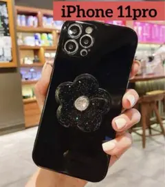 新品　iPhone11pro ケース　グリップ　花　黒　ラメ　韓国　キラキラ
