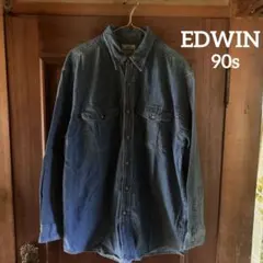 90s EDWIN ビンテージ　古着　デニムシャツ　Lサイズ　長袖　ブルー