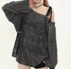 ダメージ　カットソー　オーバーサイズ　トップス　リボン　オフショルダー　韓国