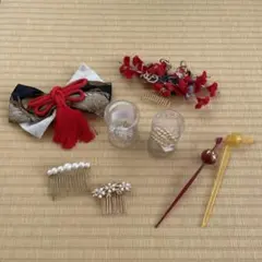 ほぼ新品　成人式　和装髪飾りセット ８点　赤い花と金