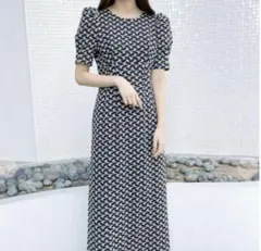 【美品】ココディール ロングワンピース Iライン 総刺繍 パフスリーブ ネイビー