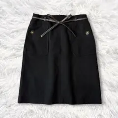 ウエストリボン付きスカート　膝丈スカート　36 黒　日本製　ベルト付　裏地あり
