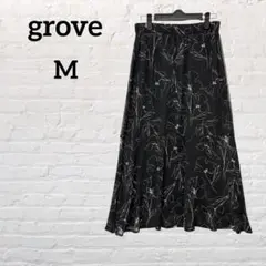 《グローブ》ロングスカート　花柄　ブラック【M】ウエストゴム　薄手　春夏