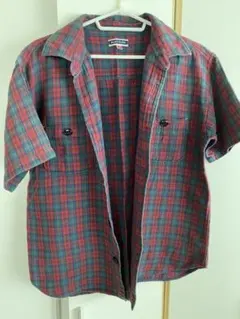 メンズ　半袖ネルシャツ　ワインレッドと緑のチェック　古着