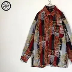 【美品】デザインシャツ　ペイズリー柄　和柄　レトロ　ヴィンテージ　長袖　赤　M