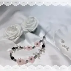 スマホストラップ ビーズストラップ ピンク 花 ハンドメイド