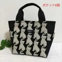 トートバッグ(小)510デニム帆布サイドポケット付ハンドメイド　猫ちゃんネコ黒