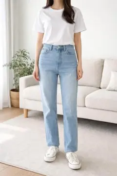 GU ハイライズストレートジーンズ ストレートデニムパンツ M ライトブルー