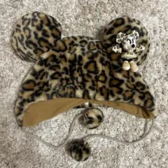 ヒョウ柄ミッキー型　ミニーマウス付き　ファンキャップ