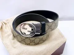 美品✨　GUCCI　グッチ　ベルト　メッキ　シルバー　ロゴ　刻印　823 Auth Gucci Silver Monogram Canvas Leather Gold Interlocking