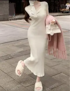 レディース ニットワンピース ホワイト 秋服 冬服 ワンホン