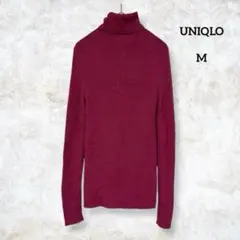 ユニクロ ウール100% リブニット セーター M ピンク タートルネック 無地