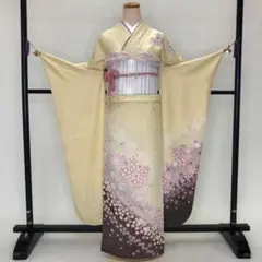 振袖フルセット 成人式 正絹 黄色 クリーム 帯 花　裄67cm S-137
