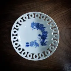 皿　菓子器　透かし　染付　鶉　輪繋鉢　藍柿右衛門　古伊万里
