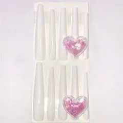 ホワイト ネイルチップ ハート ピンク パウダー キラキラ スーパーロング 現品