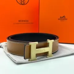 HERMEs エルメス ベルト Hバックル レザー ブラウン ゴールド金具
