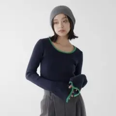 hellam 袖スリットバイカラークルーネックリブニット ネイビー