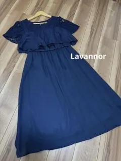 Lavannor ネイビー レース袖 パーティードレス 結婚式　お呼ばれ　フリル