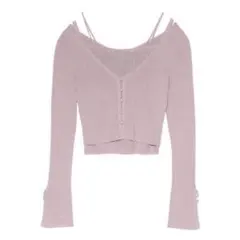 ピンク Vネック クロップドニットカーディガン