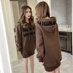 ロングパーカー M ブラウン フード ミニワンピース ロゴ 裏起毛 オシャレ