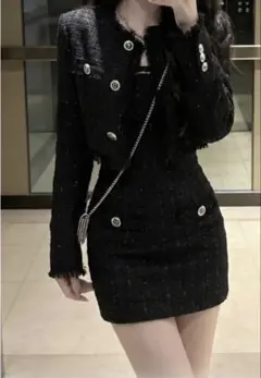 ツイード セットアップ ワンホン ミニワンピース ブラック 韓国