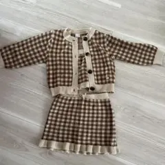 チェック柄ニットカーディガンとスカートセット 3点セット