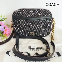 美品☆COACH コーチ☆ツイードチェーンショルダーバッグ ブラック系