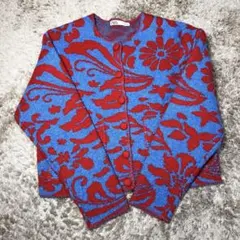 ZARA ジャガードニットカーディガン フラワーパターン 青×赤 ウール